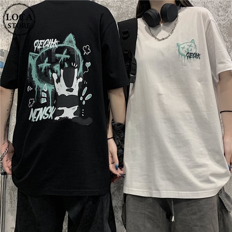 ユニセックス Tシャツ ネコプリント バックプリント 半袖 韓国ファッション メンズ レディース 大きめ ルーズ カジュアル ストリート系 DTC-638753135798