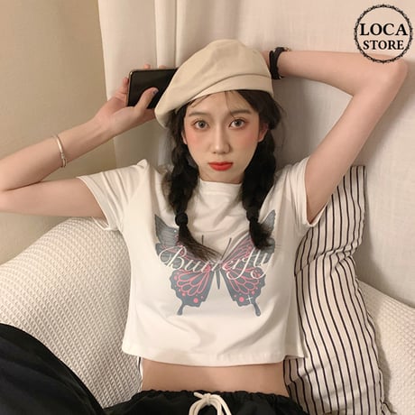 バタフライ Tシャツ クロップド丈 蝶 カットソー トップス 半袖 ショート丈 かわいい カジュアル 韓国ファッション レディース 大人可愛い ガーリー DTC-615322969295
