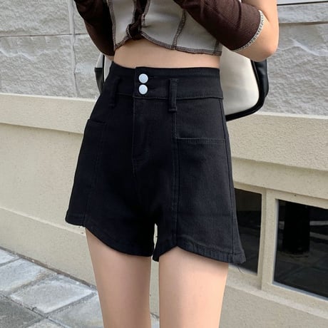 デニムショートパンツ ブラック ワイドレッグパンツ ボタン ハイウエスト Aライン レトロ 韓国ファッション レディース 大人可愛い ガーリー カジュアル DTC-667422863677
