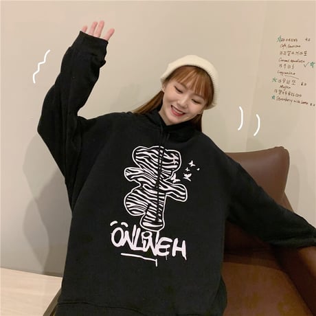 プルオーバー パーカー ゼブラ柄 クマ ベアー プラスベルベット ルーズ 韓国ファッション レディース フーディー ゆったり 大きめ カジュアル ストリート系 DTC-631127121874