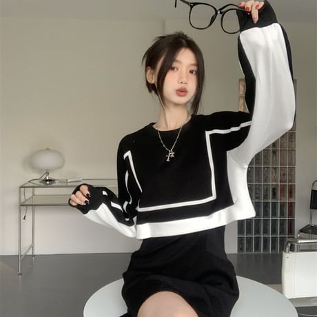 フェイクレイヤード ワンピース バイカラー ドッキングワンピース ルーズ ハイウエスト 長袖 レトロ 韓国ファッション レディース 大人可愛い ガーリー DTC-683954252526