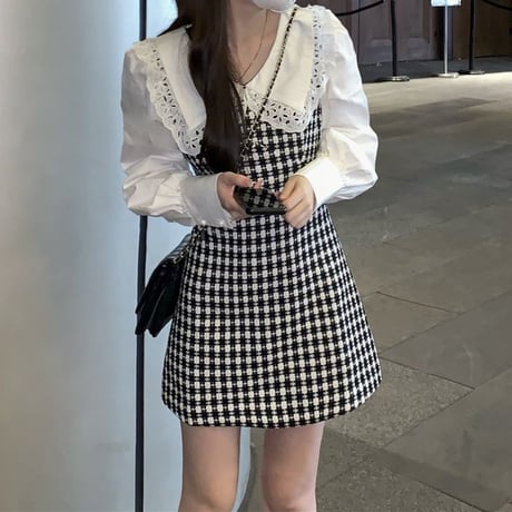 フェイクレイヤード ワンピース ドッキングワンピース  チェック柄 異素材 レース 長袖 レトロ 韓国ファッション レディース 大人可愛い ガーリー DTC-665329095387