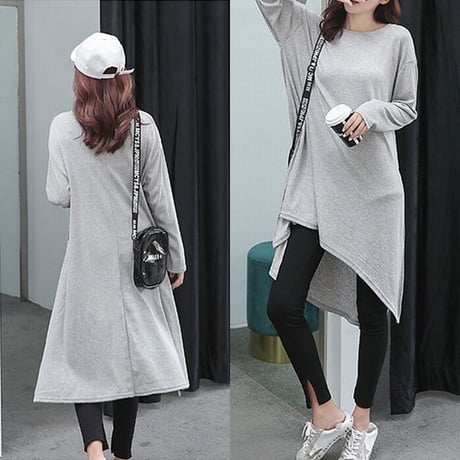 スリットTシャツ ロング丈 全3色 韓国ファッション レディース チュニック ワンピース ゆったり ラウンドネック 無地 ストリート (1RIRIT-025)