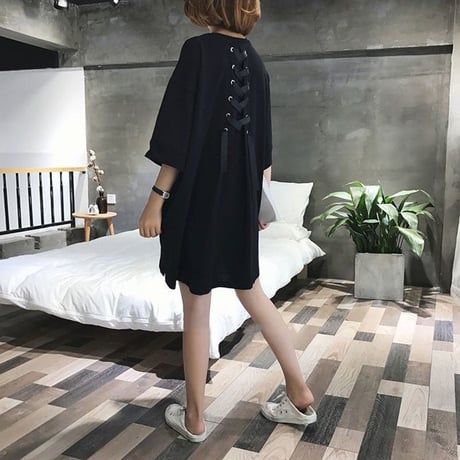 Tシャツワンピース レースアップ バックリボン ゆったり ルーズ チュニック 半袖 レトロ 韓国ファッション レディース 大人可愛い ガーリー DCT-556806546749