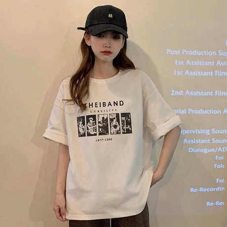 tシャツ オーバーサイズ バンドt クルーネック トップス 半袖 シンプル ルーズ レトロ 韓国ファッション レディース 大人可愛い ガーリー カジュアル DTCA-669255848156