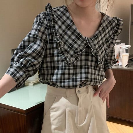 チェック柄 ブラウス 大きい襟 パフスリーブ 七分袖 レトロ 韓国ファッション レディース 大人可愛い ガーリー フェミニン DTC-676701201593