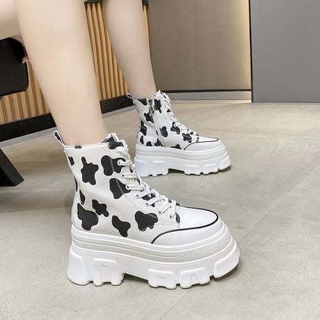 厚底 キャンバススニーカー ハイカット 22.5～24.5cm シューレース サイドファスナー 牛柄 ベーシック カジュアル 大人可愛い ガーリー DTC-650901386927