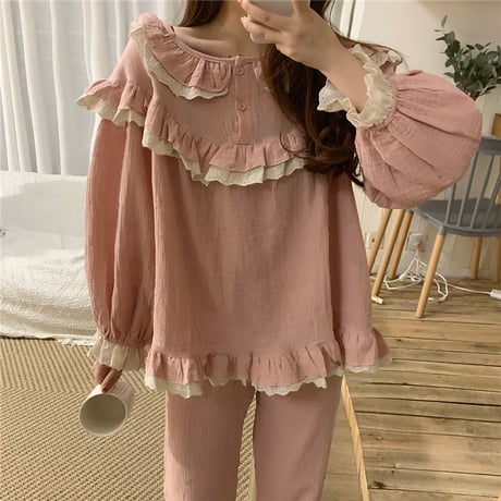 ルームウェア セットアップ パジャマ フリル トップス パンツ 上下セット 部屋着 長袖 韓国ファッション レディース 大人可愛い ガーリー フェミニン DTC-652575855880