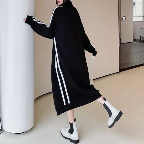 ハーフジップ ワンピース サイドライン ハイネック ロング丈 スウェット ゆったりウエスト レトロ 韓国ファッション レディース 大人可愛い ガーリー カジュアル DTCA-829151967555