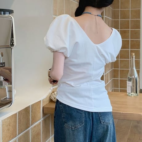 Tシャツ クロスデザイン Vネック パフスリーブ 薄手 半袖 レトロ 韓国ファッション レディース 大人可愛い ガーリー DTC-715100887328