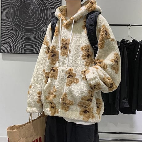ユニセックス プルオーバー ボアフリースパーカー メンズ レディース 英字 クマちゃん ベアー プリント オーバーサイズ ルーズ ストリート系 ファッション TBN-629554274748