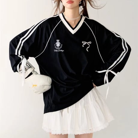 ユニフォーム風 トップス サイドライン リボン プルオーバー ロンT tシャツ Vネック オーバーサイズ ルーズ 長袖 レトロ 大人可愛い ガーリー カジュアル DTCA-839618355803