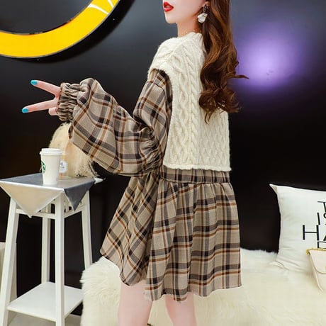 ドッキングトップス ケーブル編み ニット ＋ チェック チュニック ブラウス 韓国ファッション レディース フェイクレイヤード 大人カジュアル ガーリー DTC-625594971753