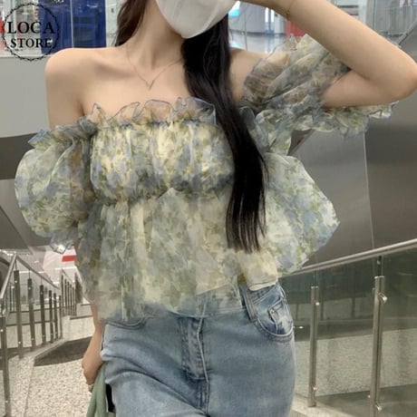 2WAY 花柄 ブラウス スクエアネック オフショルダー ショート丈 パフスリーブ シフォン トップス 半袖 レトロ 大人可愛い ガーリー フェミニン DTCA-679228977517