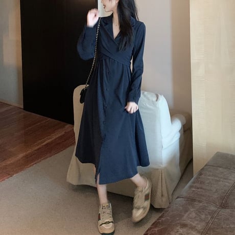 襟付き ワンピース バックリボン ウエストマーク ロング丈 長袖 ハイウエスト 韓国ファッション レディース  シャツワンピースAライン 大人可愛い ガーリーDTC-653607074889)