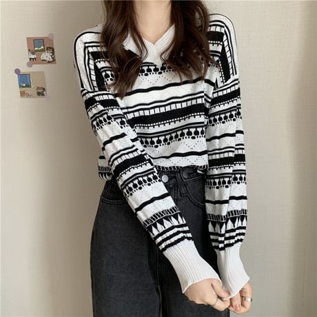 ニットセーター ジャカード Vネック ショート丈 長袖 ルーズ レトロ 韓国ファッション レディース 大人可愛い ガーリー DTC-658384210039