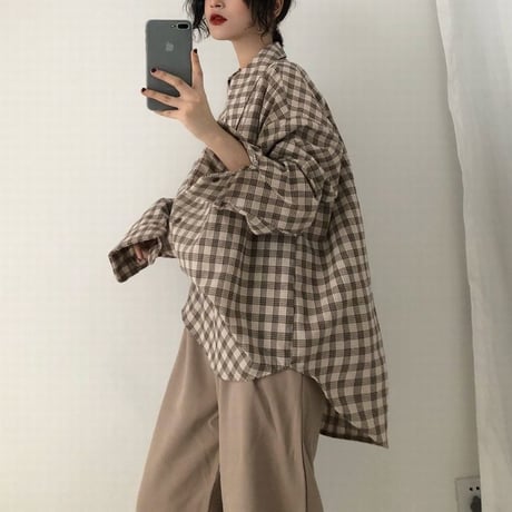 韓国ファッション チェック柄 シャツ ルーズ ゆったり 長袖 ストリート 襟ロング 大人カジュアル 秋 冬 オルチャン 韓国 レディース (DTC-601823900318_002)