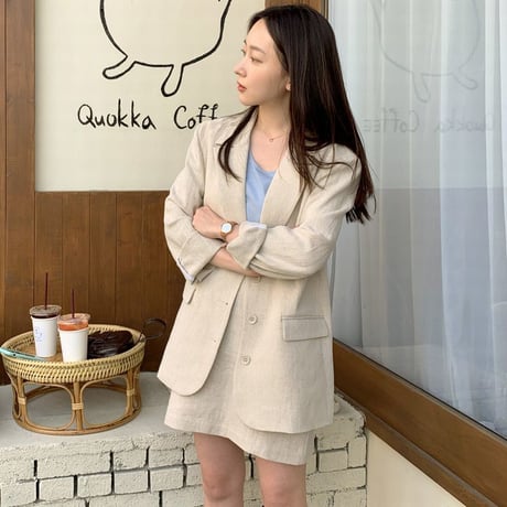 セットアップ ジャケット ＋ スカート リネン 韓国ファッション レディース 麻 シンプル 無地 シングルブレスト ハイウエスト レトロ (DTC-600589387060)
