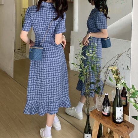 千鳥柄 デニムワンピース フィッシュテール チェック柄 ハイウエスト ロングワンピース 半袖 Aライン レトロ 韓国ファッション レディース 大人可愛い ガーリー DTC-676236464531