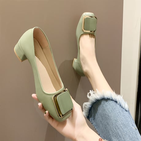 バックル付 パンプス チャンキーヒール 4cm 韓国ファッション レディース シンプル スクエアトゥ シューズ キュート 痛くない かわいい 歩きやすい 610846873186