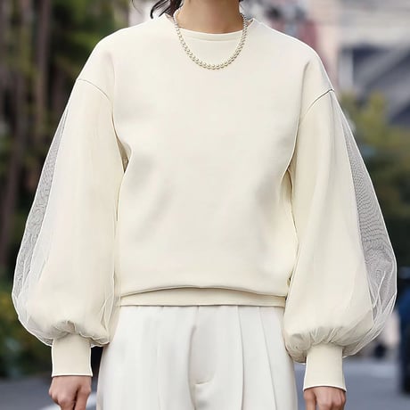 レイヤード チュール スウェット プルオーバー トップス ランタンスリーブ クルーネック 長袖 レトロ 大人可愛い ガーリー カジュアル DTCA-842775477536