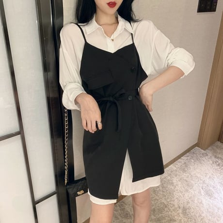 セットアップ ロングシャツ ＋ サスペンダースカート 韓国ファッション レディース 不規則デザイン ワンピース シャツ ハイウエスト 大人可愛い ガーリー (DTC-610138365332)