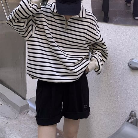 ハーフジップ POLO襟 トップス ボーダー柄 トレーナー フリース 裏起毛 プルオーバー 長袖 ゆったり 韓国ファッション レディース カジュアル 大人可愛い DTC-664779833427