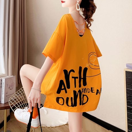 Tシャツ チュニック オープンバック Vネック オーバーサイズ ゆったり 半袖 レトロ 韓国ファッション レディース 大人可愛い ガーリー カジュアル DTC-650661295321