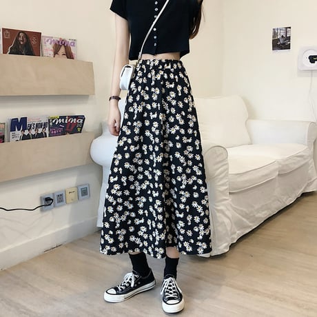 花柄 スカート ロング丈 韓国ファッション レディース ロングスカート シフォン Aライン ハイウエスト レトロ ガーリー 615676995148