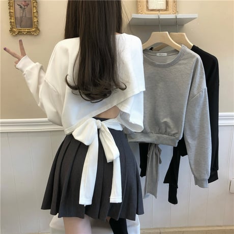 Tシャツ スウェット バックリボン プルオーバー オープンバック ショート丈 長袖 韓国ファッション レディース トップス 大人可愛い ガーリー カジュアル DTC-652203511871