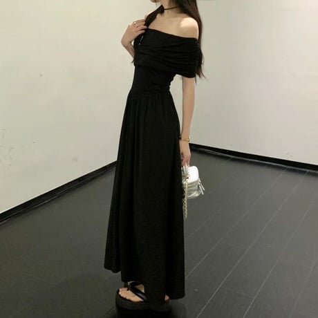 オフショルダー ワンピース ギャザー ハイウエスト 無地 ロングワンピース Aライン 半袖 レトロ 韓国ファッション レディース 大人可愛い ガーリー DTC-711428348814