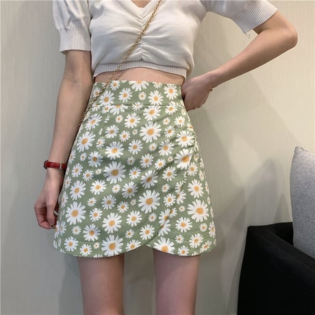 花柄 スカート アシンメトリー ショート丈 グリーン 韓国ファッション レディース ミニスカート シフォン Aライン ハイウエスト レトロ ガーリー 616121572098