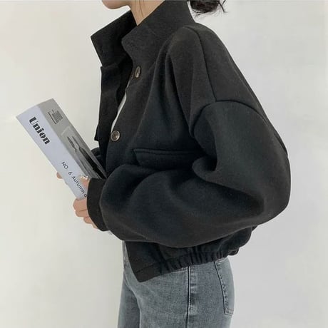 ブルゾン ジャケット アウター ショート丈 ウールタッチ 立ち襟 スタンドカラー ゆったり ルーズ レトロ 大人可愛い ガーリー カジュアル DTCA-747100073929