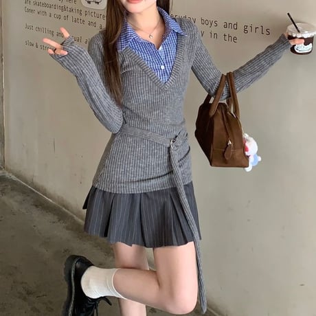 フェイクレイヤード ニット トップス チェック柄  シャツ レイヤードニット トップス スリムフィット 長袖 レトロ 大人可愛い ガーリー DTCA-849279750300