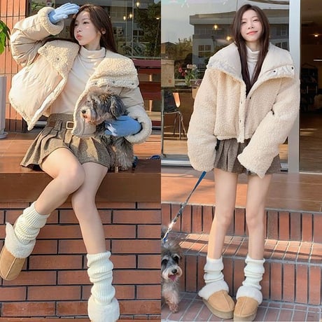 アプリコット リバーシブル ブルゾン フェイクラムウール ショート丈 2way ボアブルゾン 防寒 レトロ 韓国ファッション レディース 大人可愛い ガーリー DTC-752712482016AC