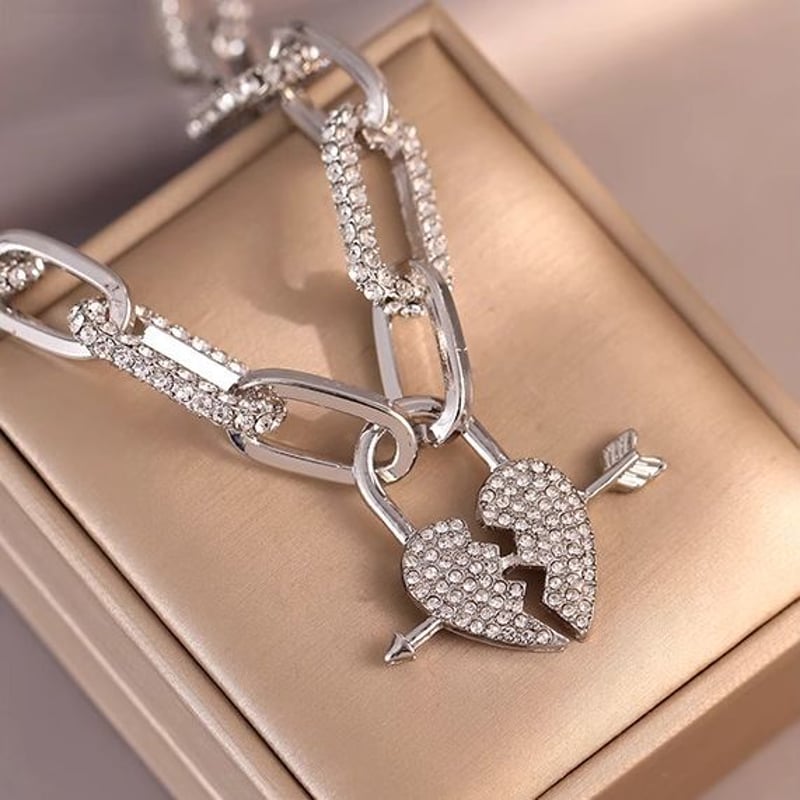 ブロークンハート アロー ネックレス 太チェーン ラインストーン