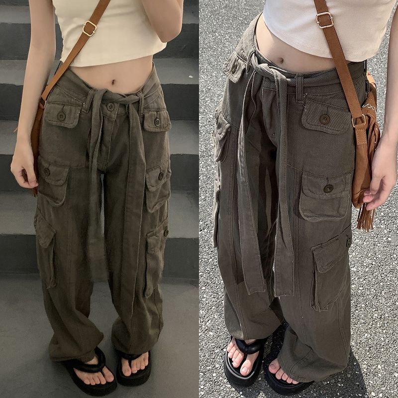 カーゴパンツ ポケット ハイウエスト ウエストストラップ ルーズ カーゴパンツ ポケット ハイウエスト ウエストストラップ ルーズ
