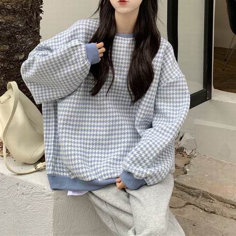 千鳥格子 トレーナー チェック柄 クルーネック ルーズ ゆったり 長袖 レトロ 韓国ファッション 大人可愛い レディース ガーリー カジュアル DTC-660216579948