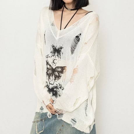 ダメージニット バタフライ グラフィティ プリント 薄手 Vネック ダメージ加工 ニット トップス ゆったり 長袖 レトロ 大人可愛い ガーリー カジュアル DTCA-922603817995