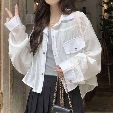ショート丈 シャツ 薄手 シャツジャケット ブラウス ルーズ 長袖 レトロ 韓国ファッション レディース 大人可愛い ガーリー DTC-765685479654