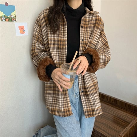 裏起毛 チェック柄 シャツ アウター チェックシャツ 長袖 厚手 暖かい レトロ 韓国ファッション レディース  カジュアル もこもこ ゆったり ボア おしゃれ DTC-658487637007