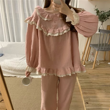 ルームウェア セットアップ パジャマ フリル トップス パンツ 上下セット 部屋着 長袖 韓国ファッション レディース 大人可愛い ガーリー フェミニン DTC-652575855880