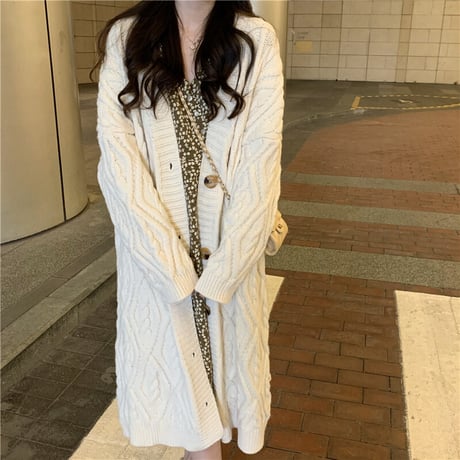 ロングカーディガン ケーブル編み ニット ツイストニット カーディガン ルーズ 長袖 大人可愛い ガーリーDTC-651811052937