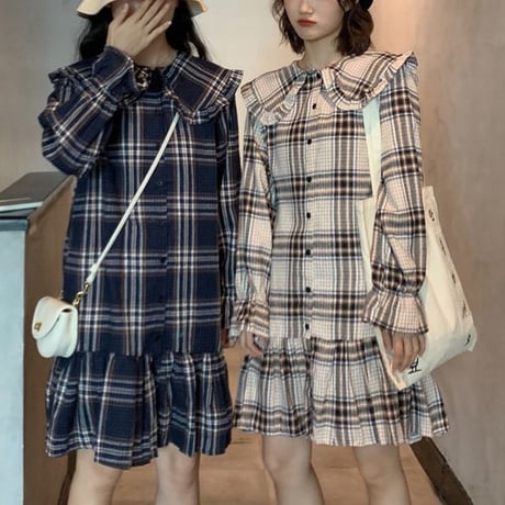 チェック柄 ワンピース フリル フロントボタン 韓国ファッション レディース シャツワンピース シングルブレスト 長袖 体型カバー 秋冬 秋 冬 (DTC-600797687356)