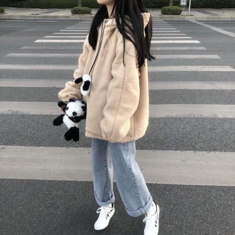 ボアパーカー もこもこ ジップアップ 韓国ファッション レディース ボアブルゾン パーカー ボア アウター ビッグシルエット ボアジャケット 秋 冬 (DTC-606610675474)