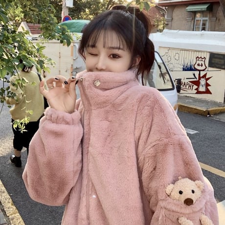 クマのぬいぐるみ付き ボアジャケット ボアブルゾン ゆったり アウター レトロ 韓国ファッション レディース 大人可愛い ガーリー フェミニン カジュアル DTC-657634169827