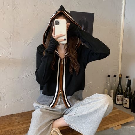 【4カラー】 フード付き ニットカーディガン ニットパーカー 配色ライン ジップアップ リブ編み 長袖 韓国ファッション レディース 大人可愛い ガーリー カジュアル DTC-656199441917