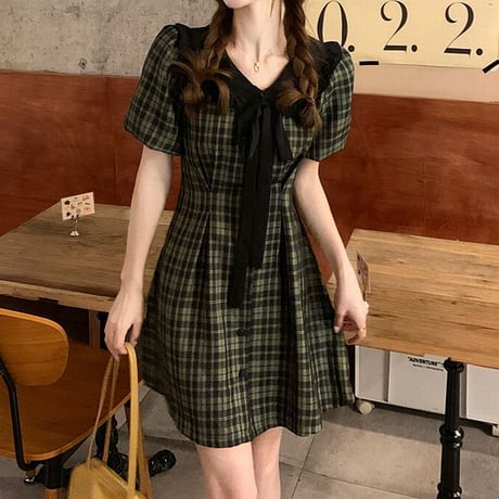 ワンピース チェック柄 リボンタイ パフスリーブ ミニワンピース ハイウエスト 半袖 レトロ 韓国ファッション レディース 大人可愛い ガーリー DTC-675131597297)