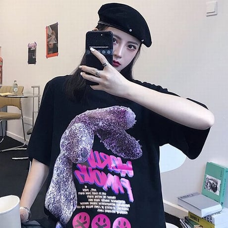 ユニセックス Tシャツ 半袖 メンズ レディース ラウンドネック ラビット うさぎ スマイリー プリント オーバーサイズ 大きいサイズ ルーズ ストリート TBN-621606200602