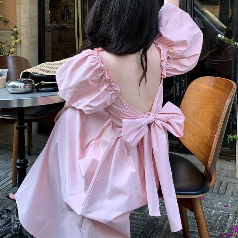 バックリボン ワンピース バックオープン 背中開き スクエアネック